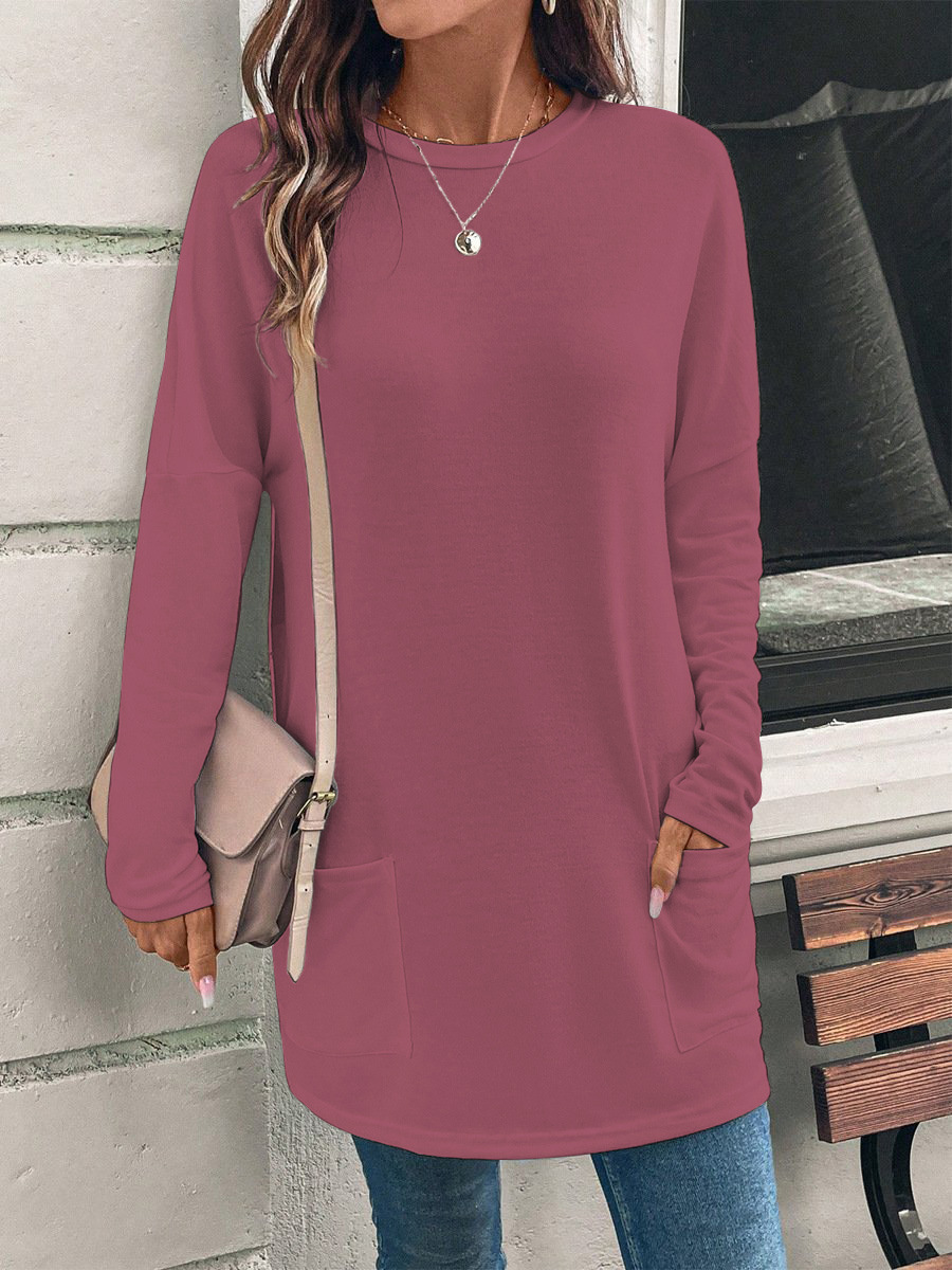 Women's Solid Color Long Sleeve Loose Crewneck Pocket T-Shirt