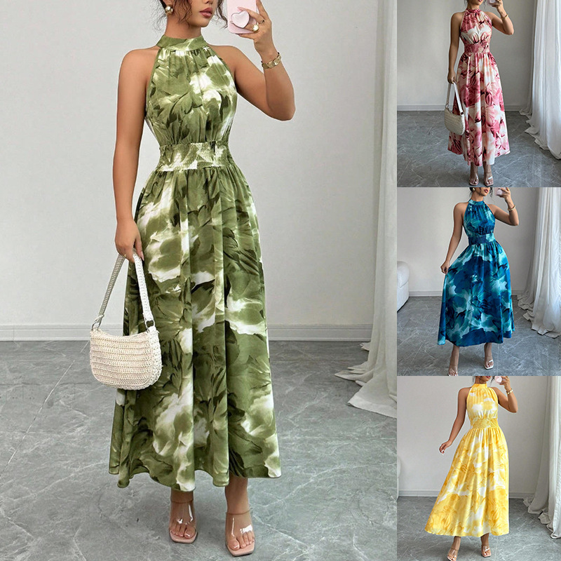 Women's Sleeveless Halter Smocked Ruffle Dress