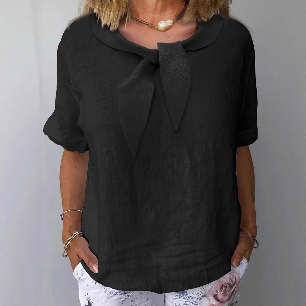 Women's Cotton-Linen Blend Short Sleeve V-Neck Solid Top