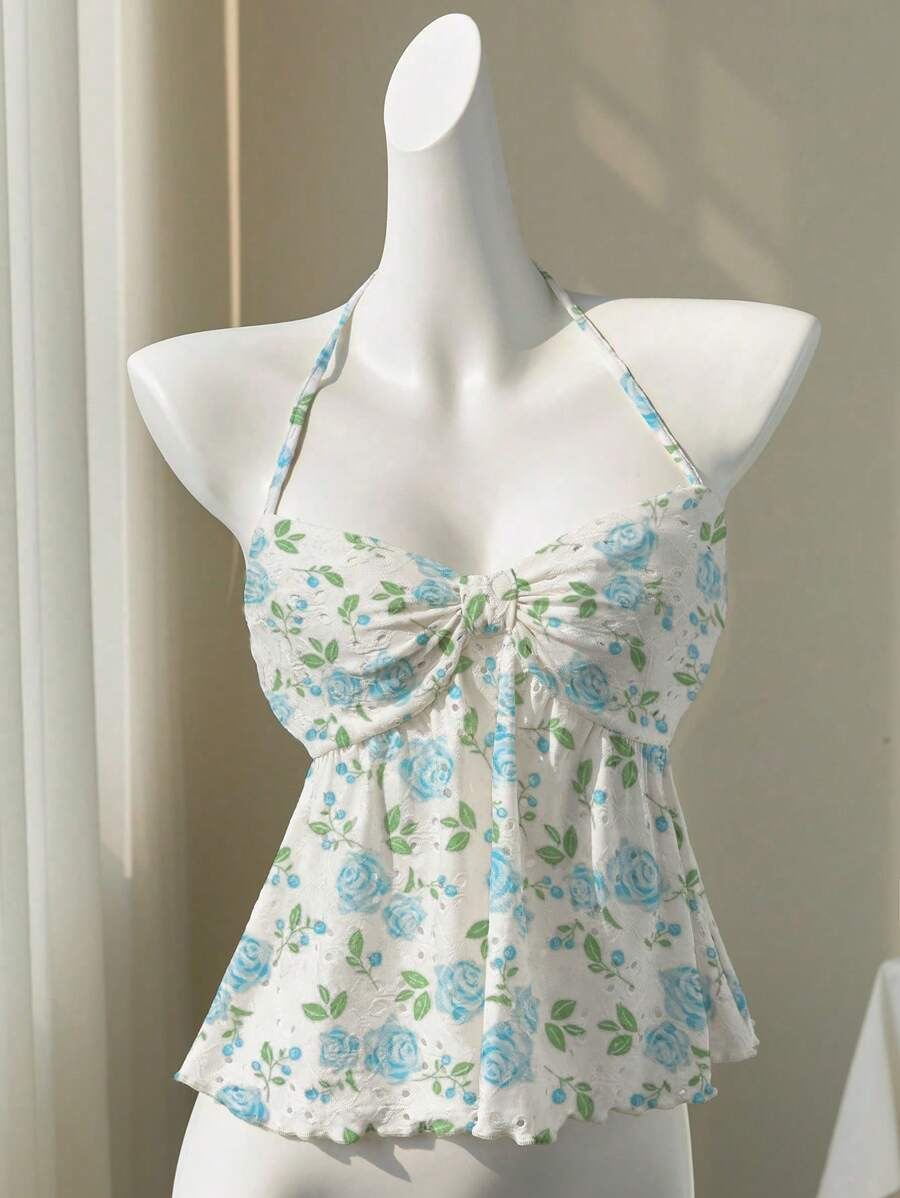 Japanese-Style Floral Tie-Front Cami Doll Top