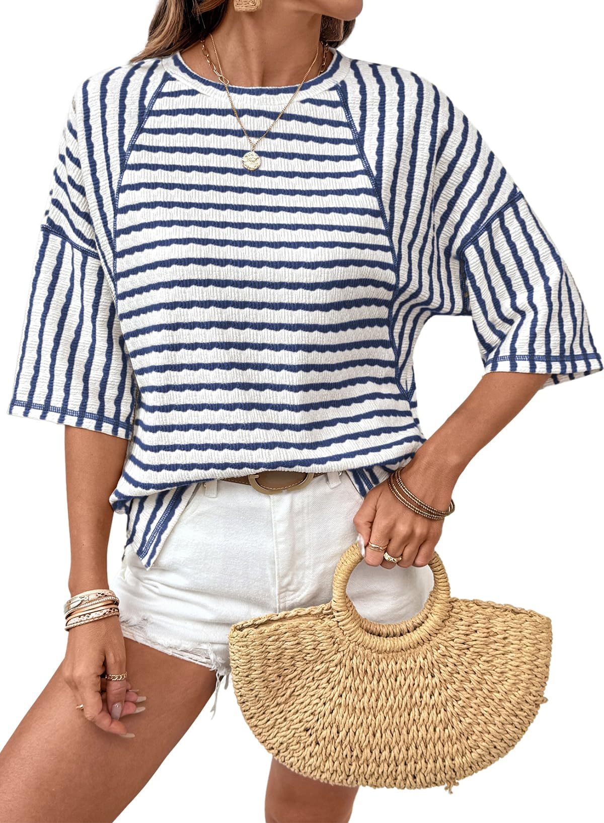 Women's Striped Short Sleeve Crewneck T-Shirt Casual Loose Fit