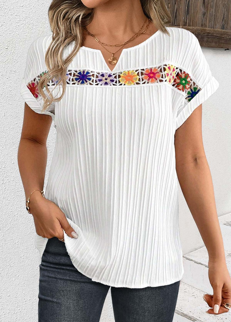 V-Neck Short Sleeve Floral Embroidered Panel Top