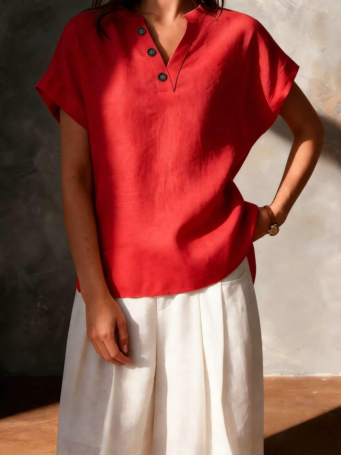 2026 New Cross-Border Women's Fashion Foreign Trade European and American Cotton-Linen High-End Feel Women's V-Neck Button Short-Sleeve Solid Color Shirt