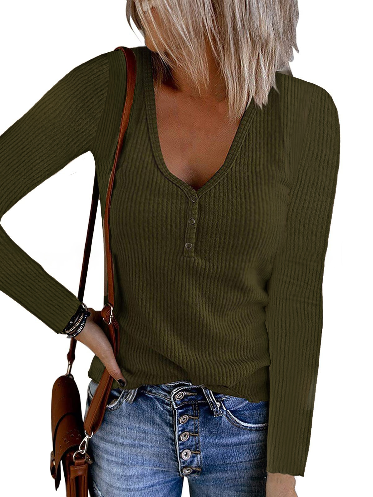 Women's V-Neck Button Long-Sleeve Solid Color T-Shirt