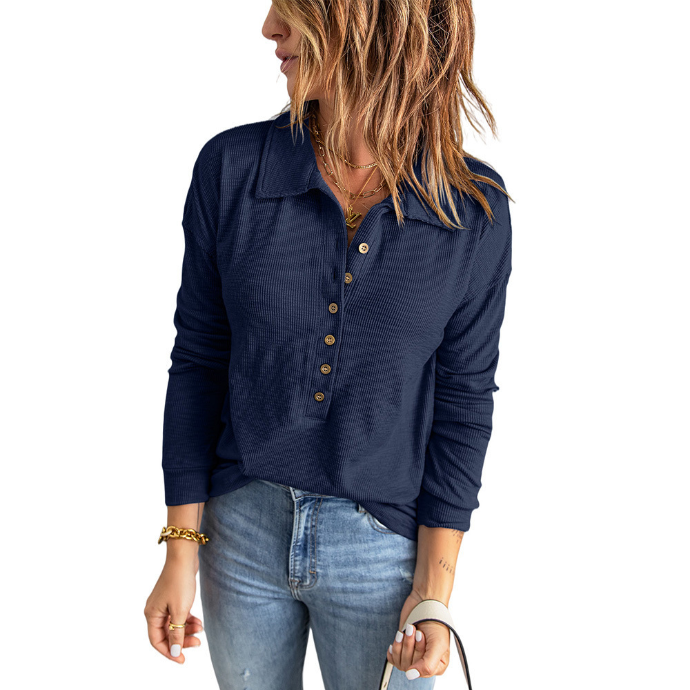 Women's Solid Ribbed Knit Single-Breasted Lapel Long-Sleeve Loose Casual Top