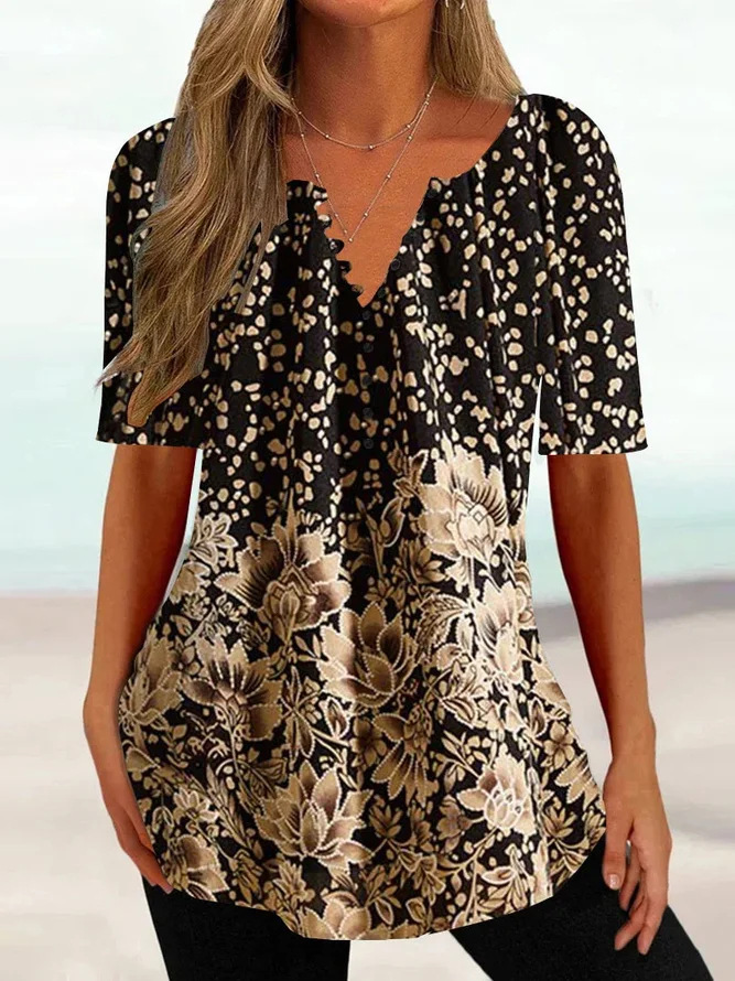 Women's Casual Floral V-Neck Short Sleeve Loose T-Shirt Plus Size