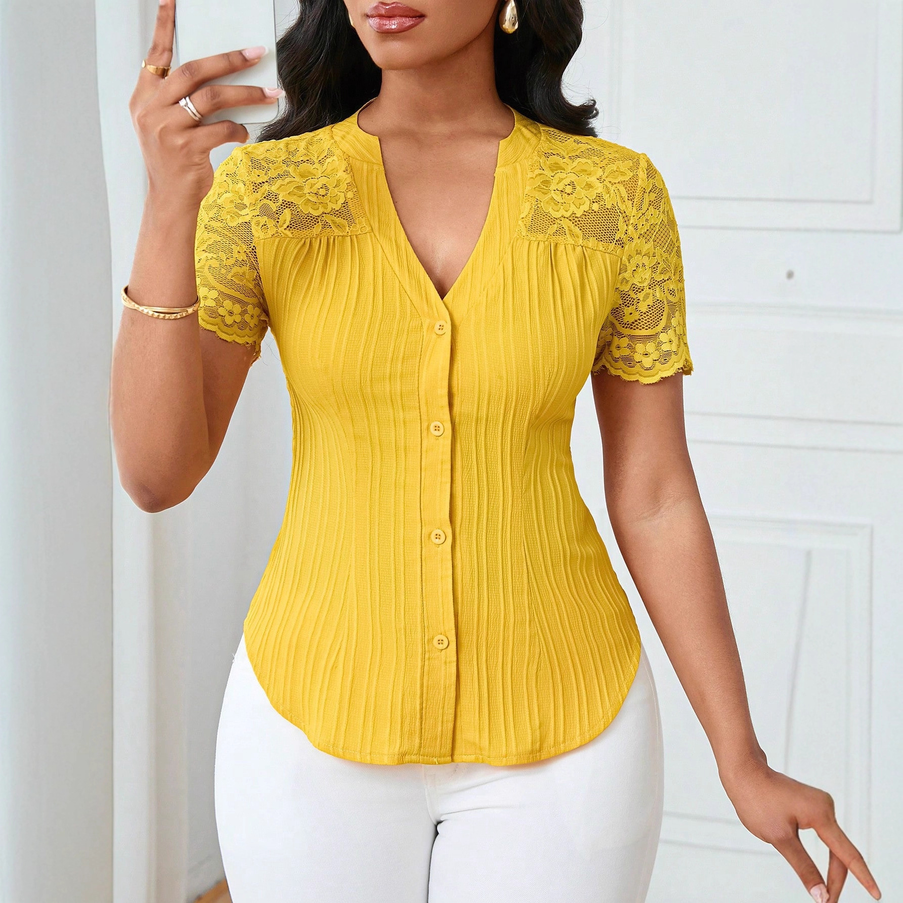 Women's Slim Fit Embroidered Cutout Short Sleeve Top