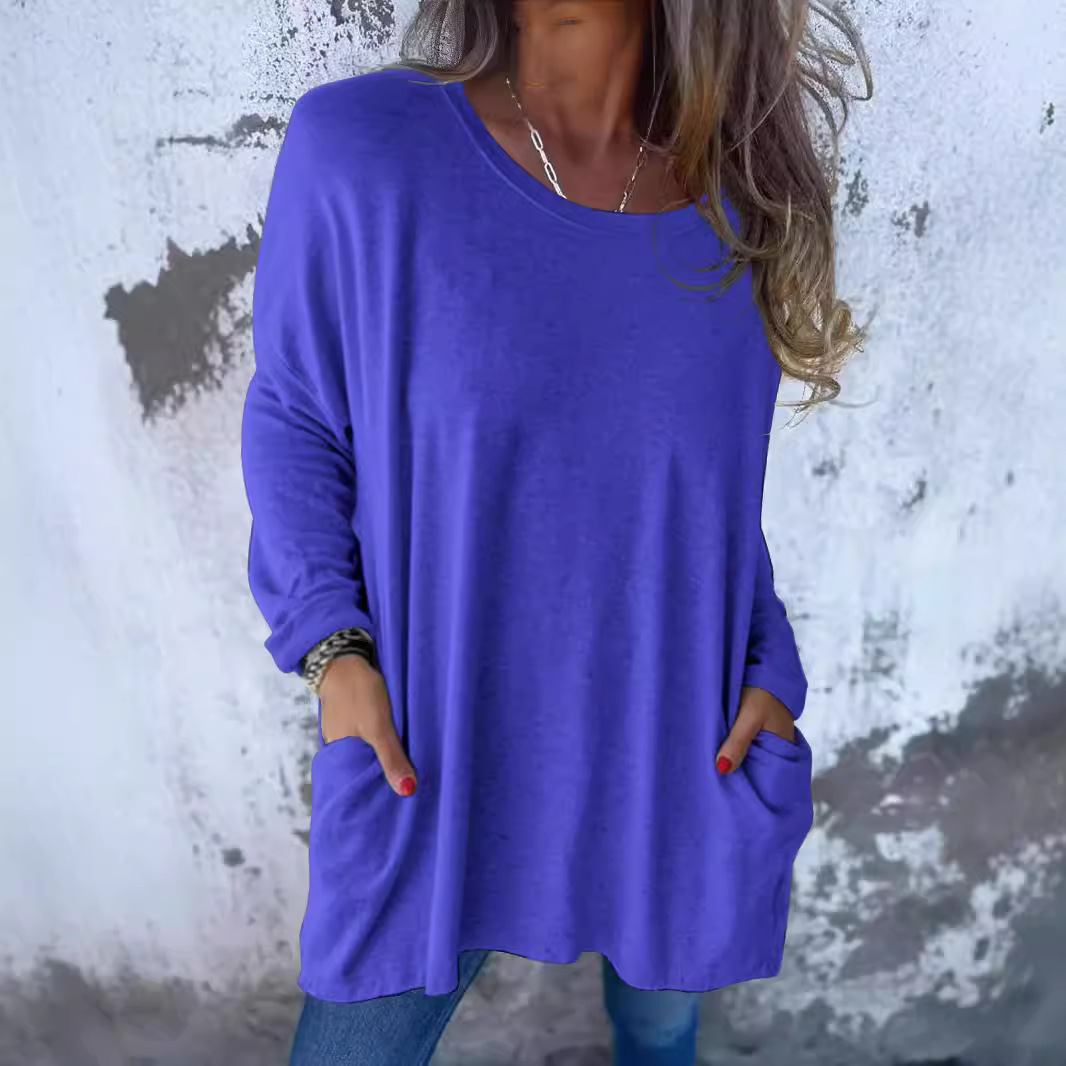 Women's Crewneck Long Sleeve Loose Fit Pocket Solid Color T-Shirt