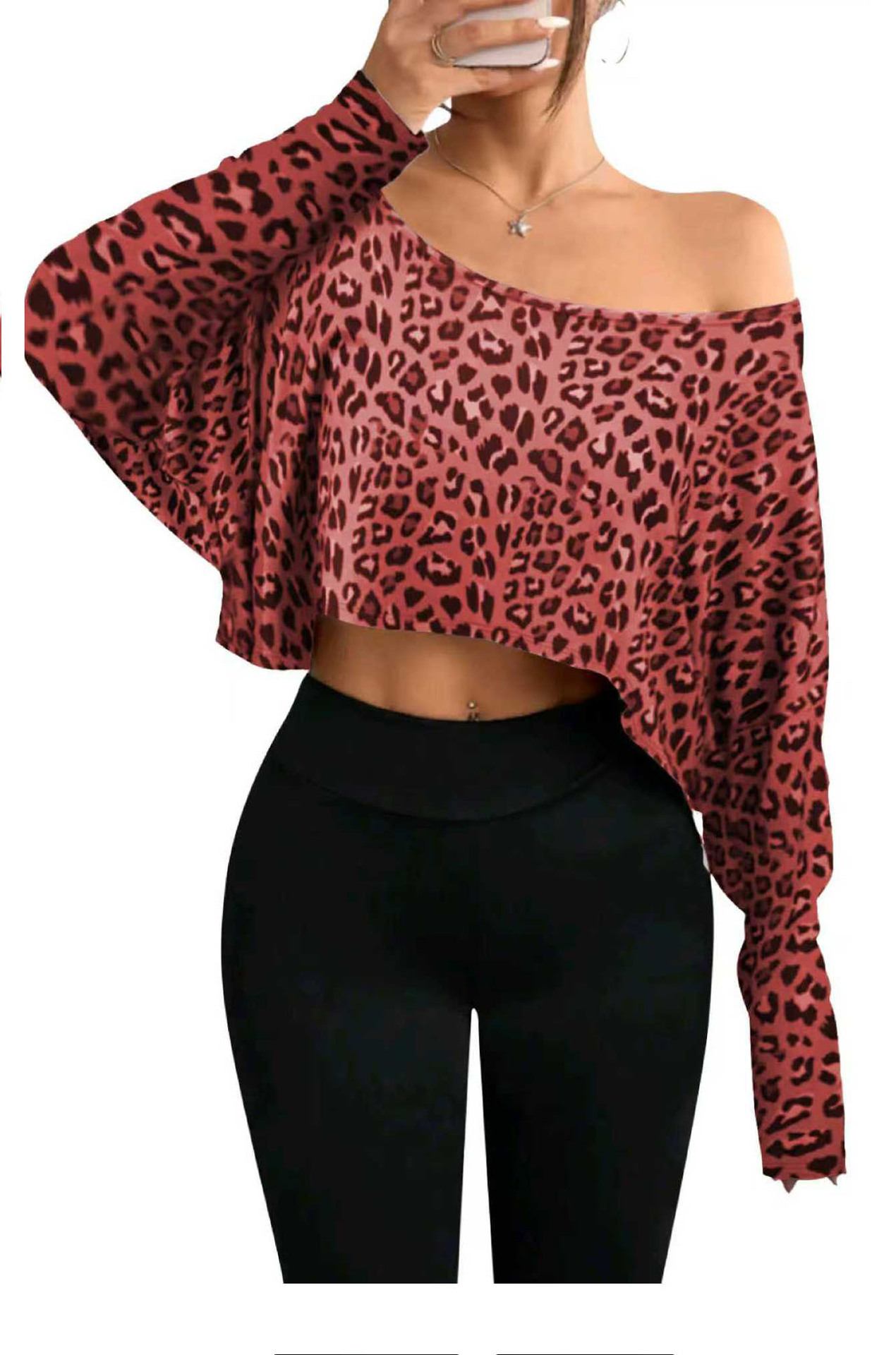 Women's One-Shoulder Leopard Print Long-Sleeve Cropped Top
