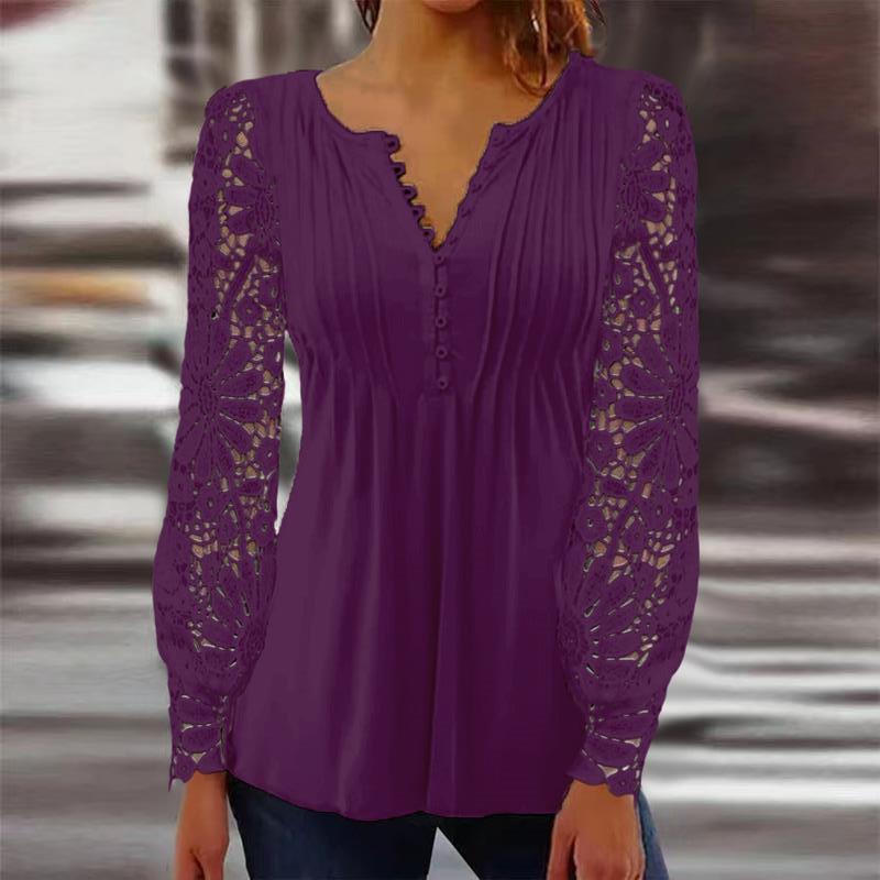 Women's Lace Trim Pleated Solid Button T-Shirt