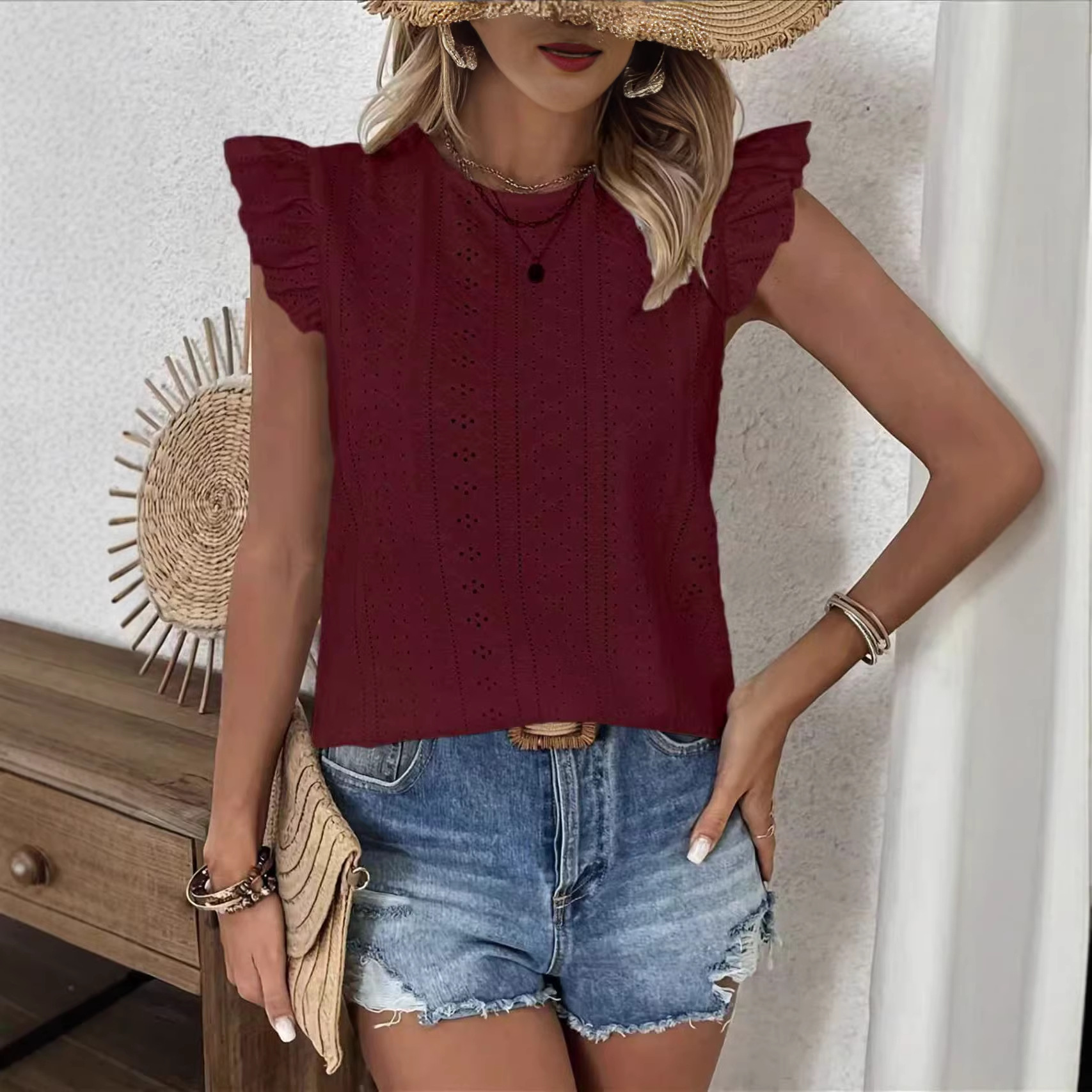 Women's Crewneck Ruffle Sleeve Tie-Back Solid Top