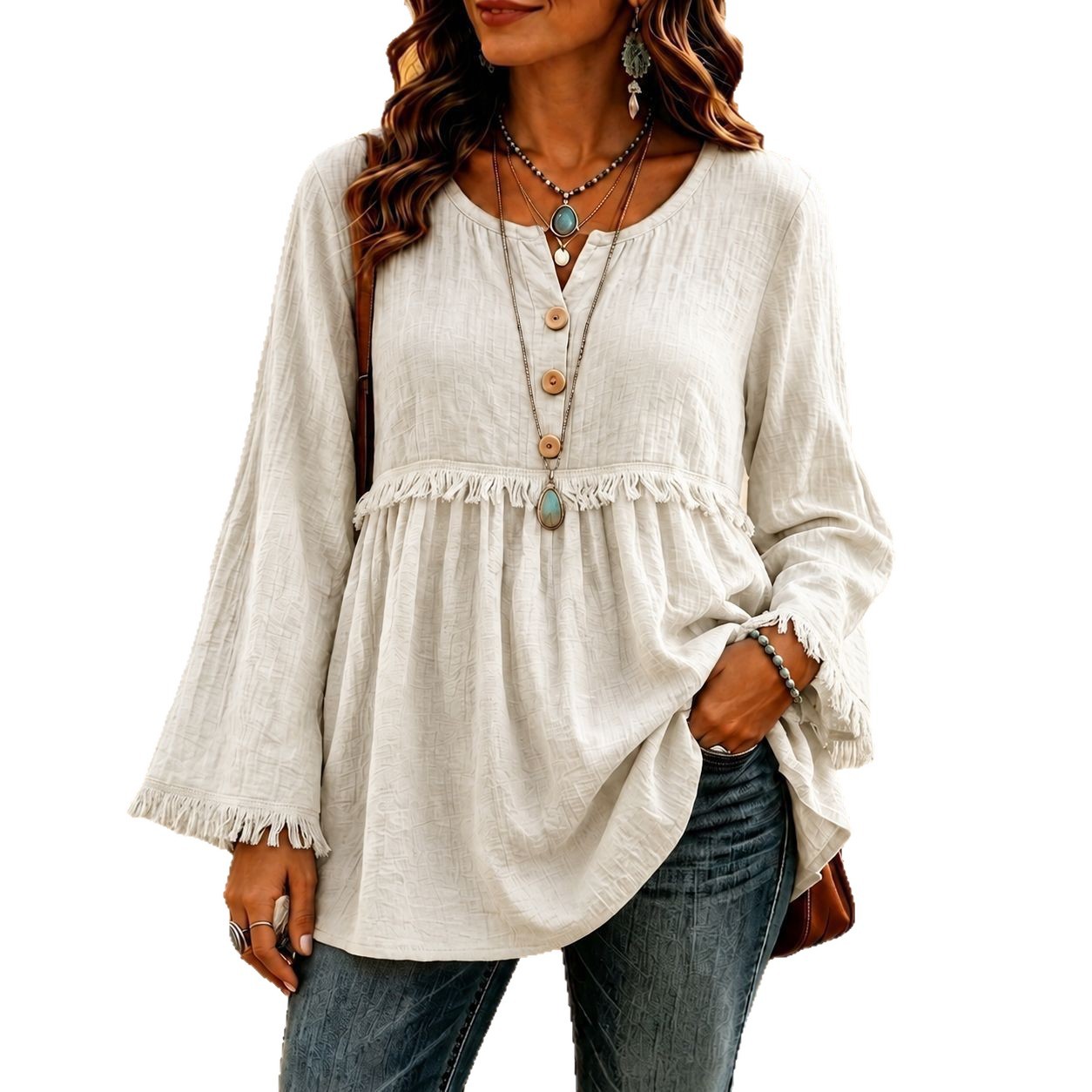 Women's Loose Fit Button Fringe Long Sleeve T-Shirt Solid Color Casual Top