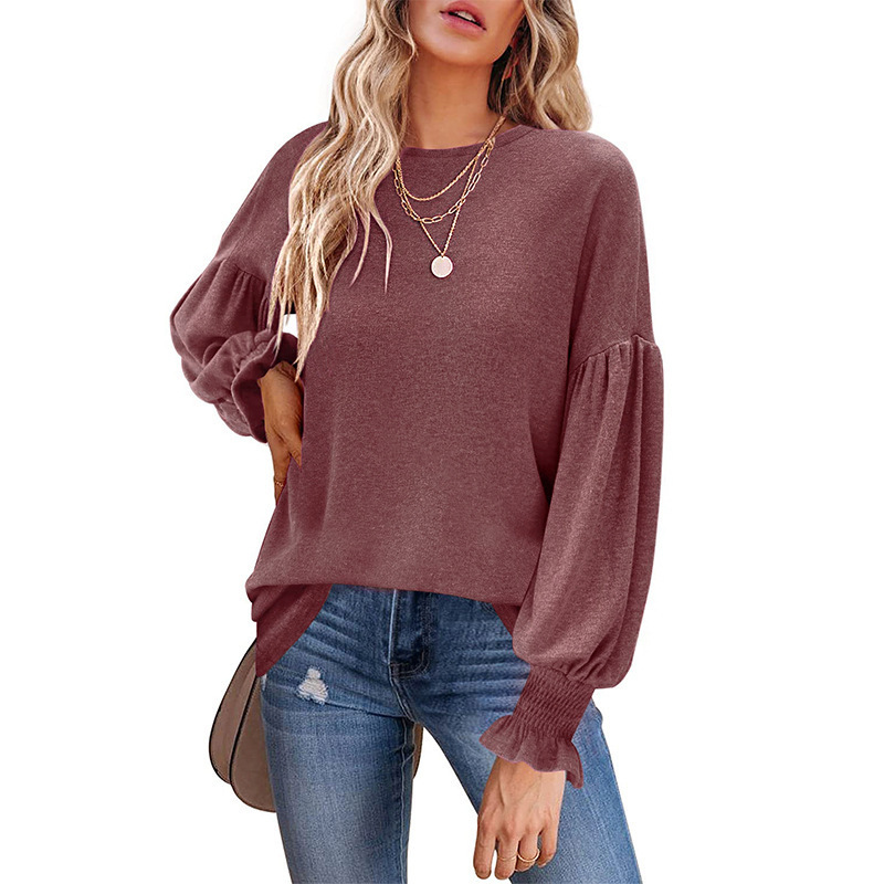 Women's Crewneck Ruched Lantern Sleeve Long Tunic Top