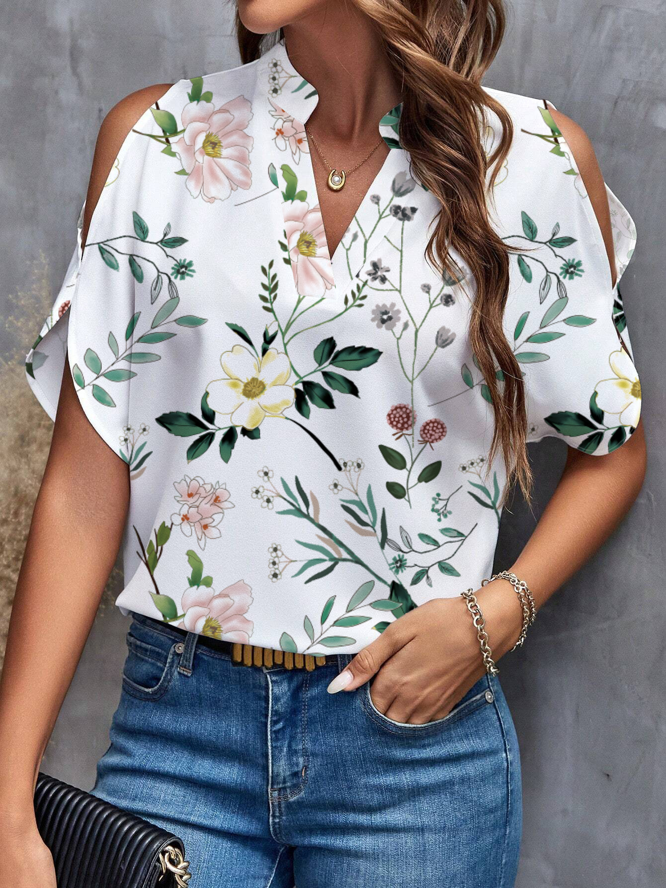 Floral V-Neck Cold-Shoulder Blouse