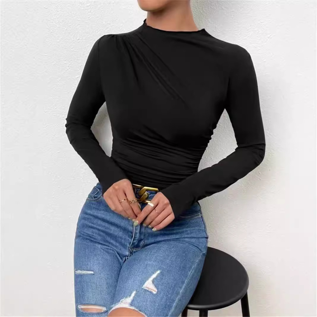 Women's Solid Color Slim Fit Pleated Long Sleeve Top