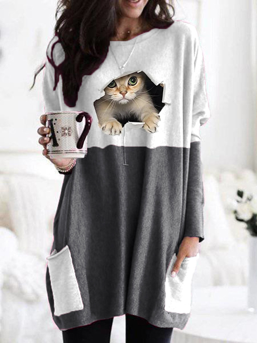Color Block Cat Print Crewneck Long Sleeve T-Shirt for Women