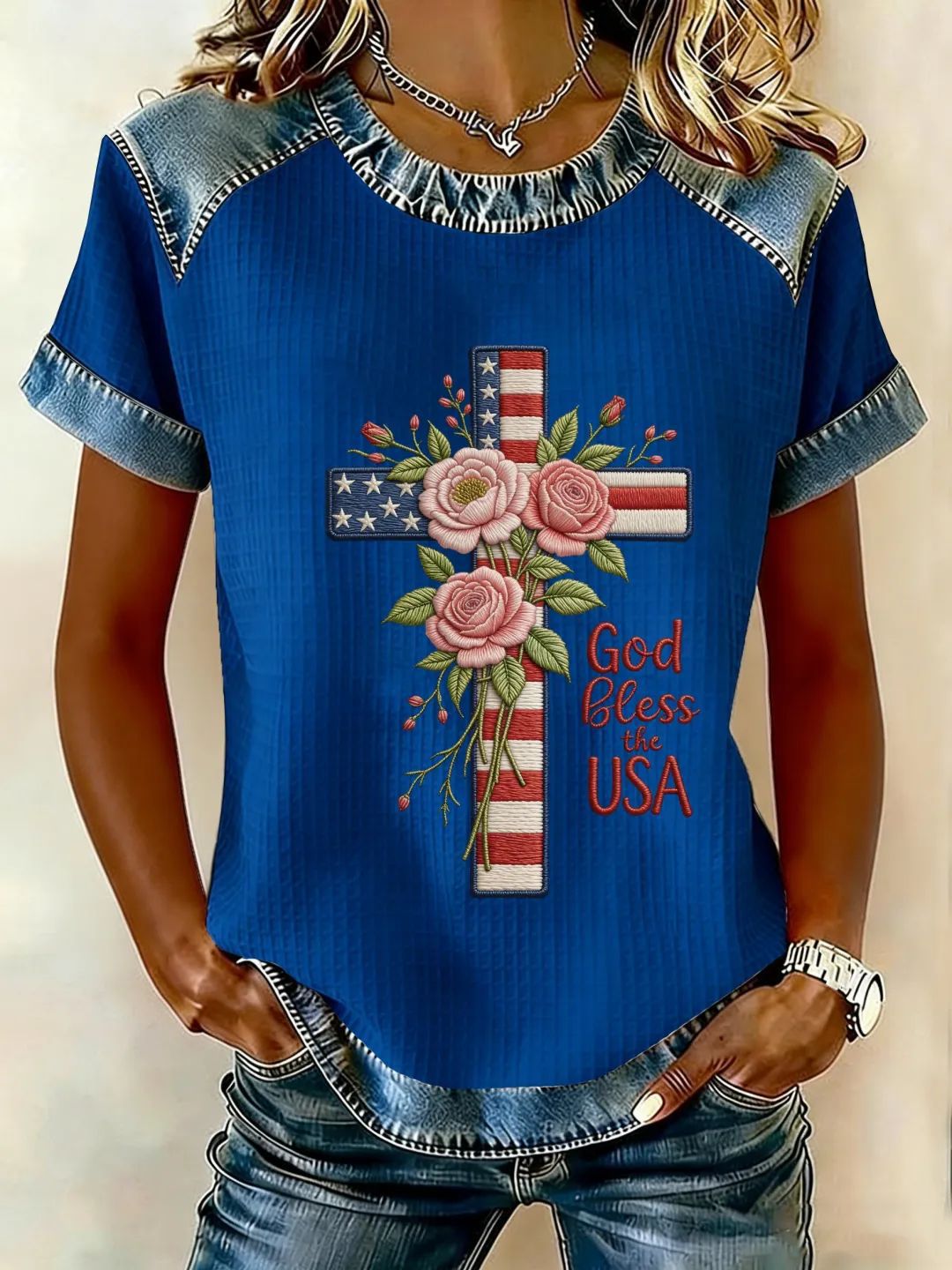Cross & USA Floral Print Short-Sleeve T-Shirt