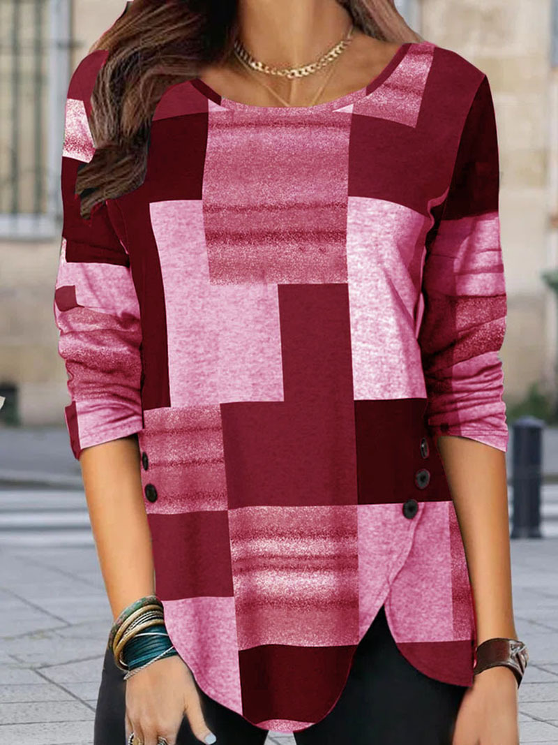 Women's Colorblock Print Long-Sleeve Crewneck Pullover T-Shirt