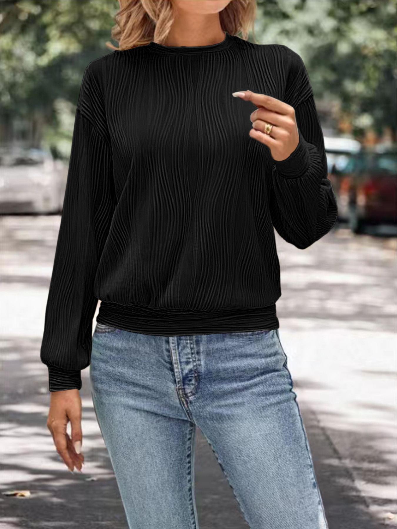 Women's Drop Shoulder Long Sleeve Textured Knit T-Shirt Crew Neck Solid Color Loose Casual