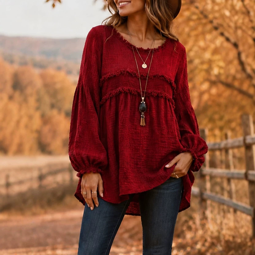 Fringed Trim Patchwork Long Sleeve Casual Top