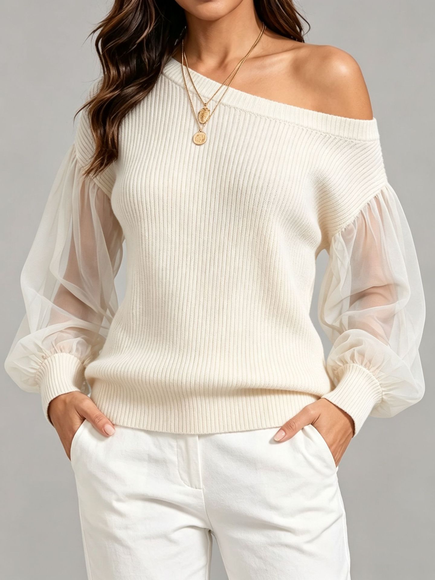 Women's Satin Knit Long-Sleeve Top Crew Neck Loose Fit