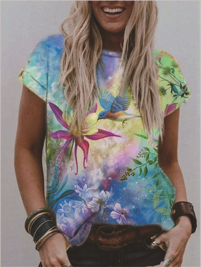 Women's V-Neck Floral Print Short Sleeve Loose Fit T-Shirt