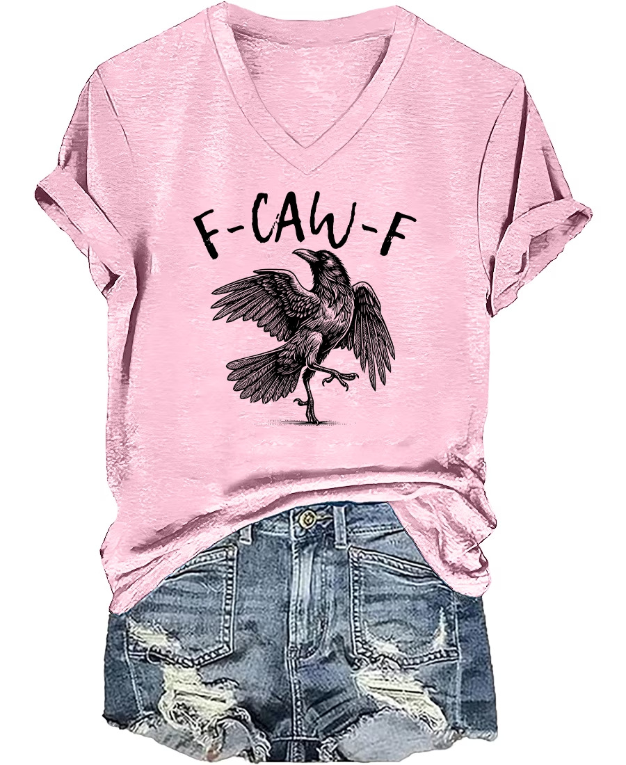 Flying Raven Graphic V-Neck Short Sleeve T-Shirt for Women