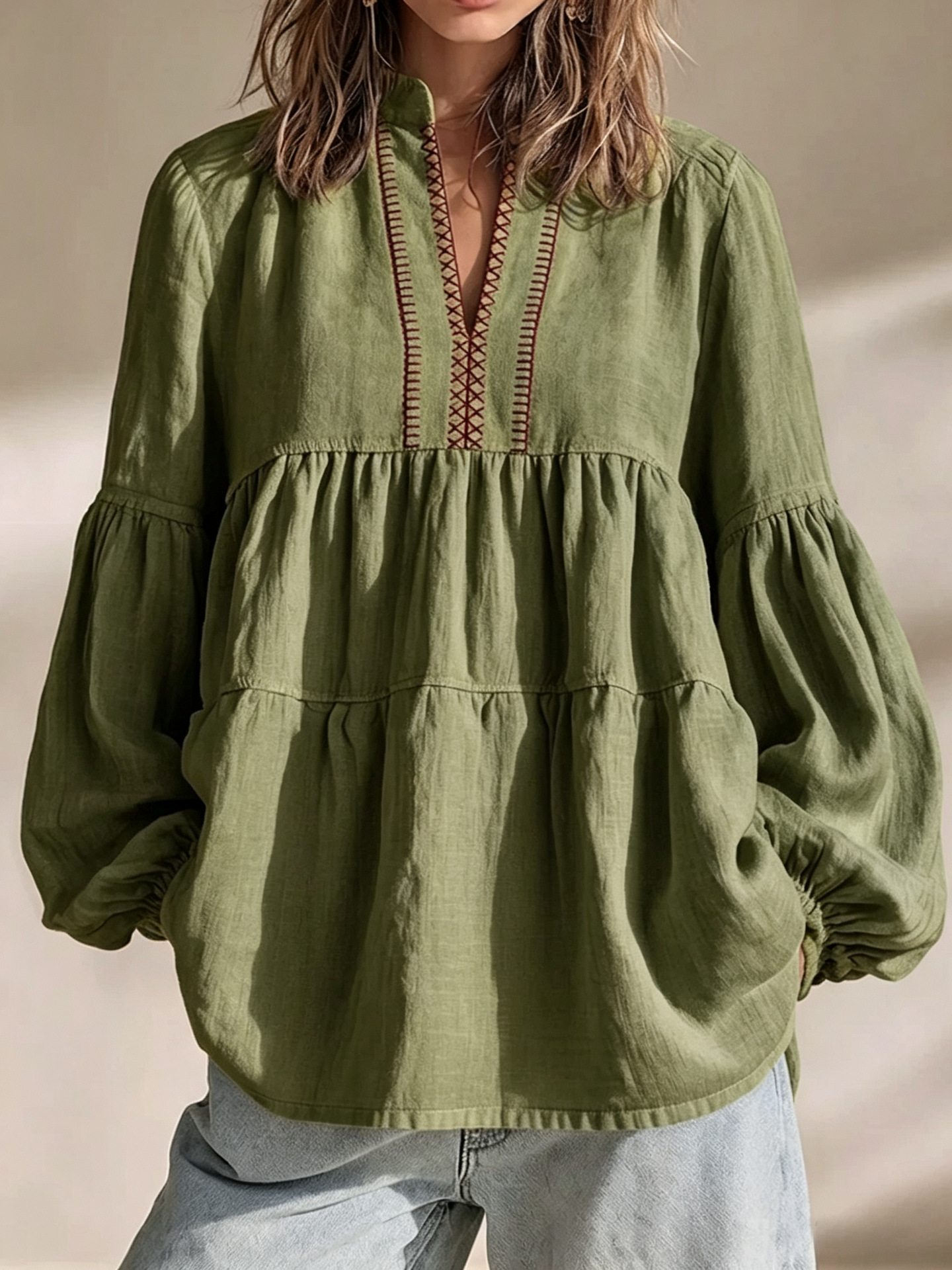 Boho Floral Print Stand Collar Pleated Loose Long Sleeve Top