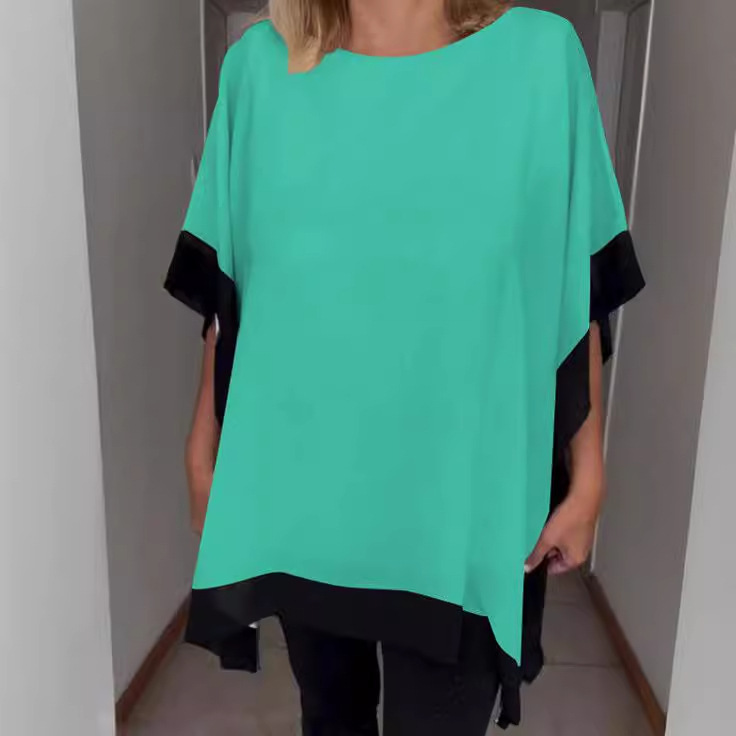 Women's Summer Round Neck Loose Short Sleeve Batwing Sleeve Color Block T-Shirt