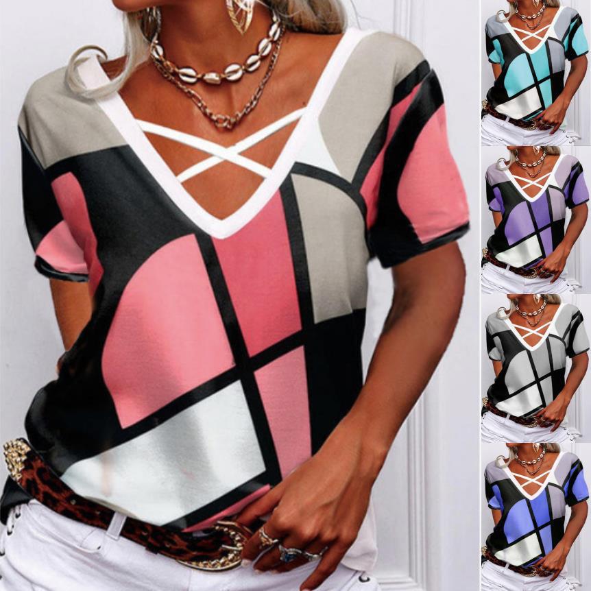Women's Short Sleeve V-Neck Geometric Print Loose Casual T-Shirt