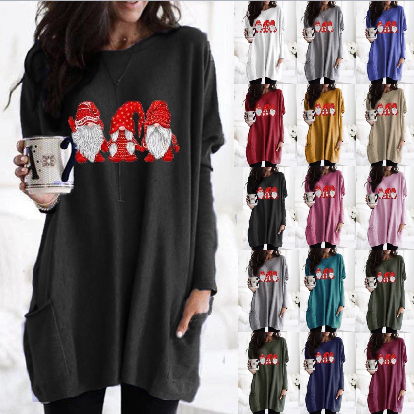 Santa Print Long Sleeve Round Neck Pocket Dress