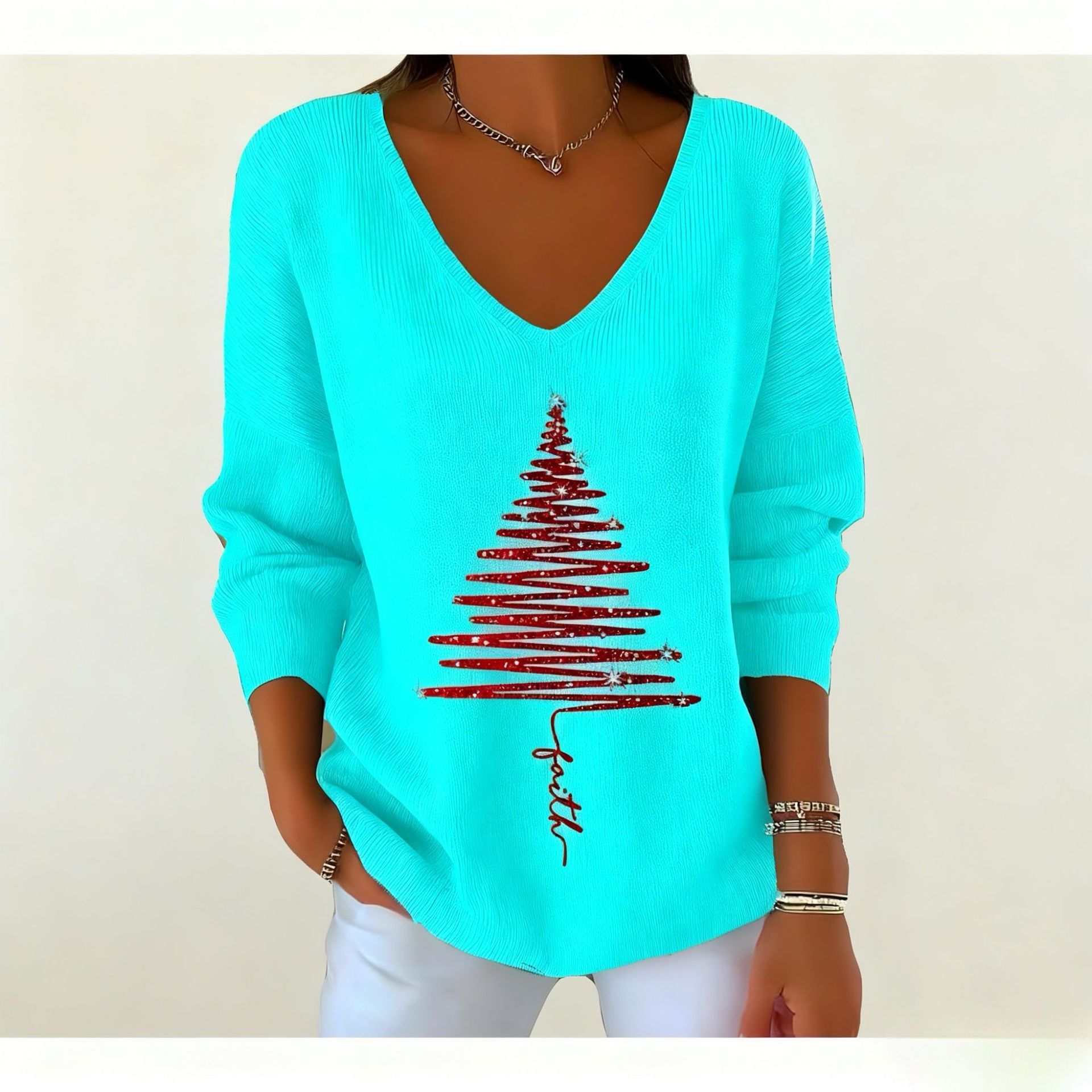 Women's V-Neck Long Sleeve Book & Christmas Tree Print T-Shirt