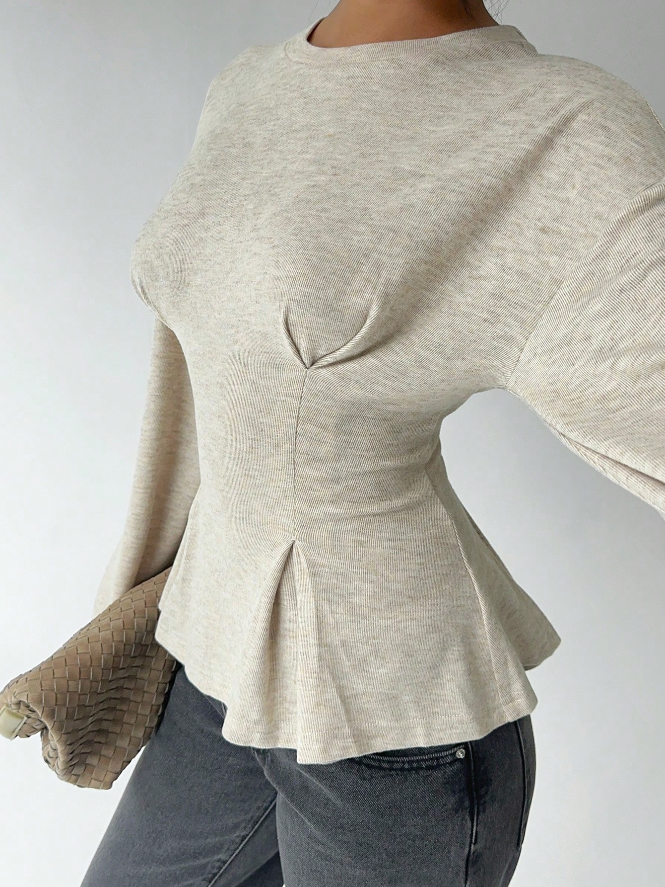 Women's Slim Fit Pleated Long Sleeve Crewneck Pullover Top