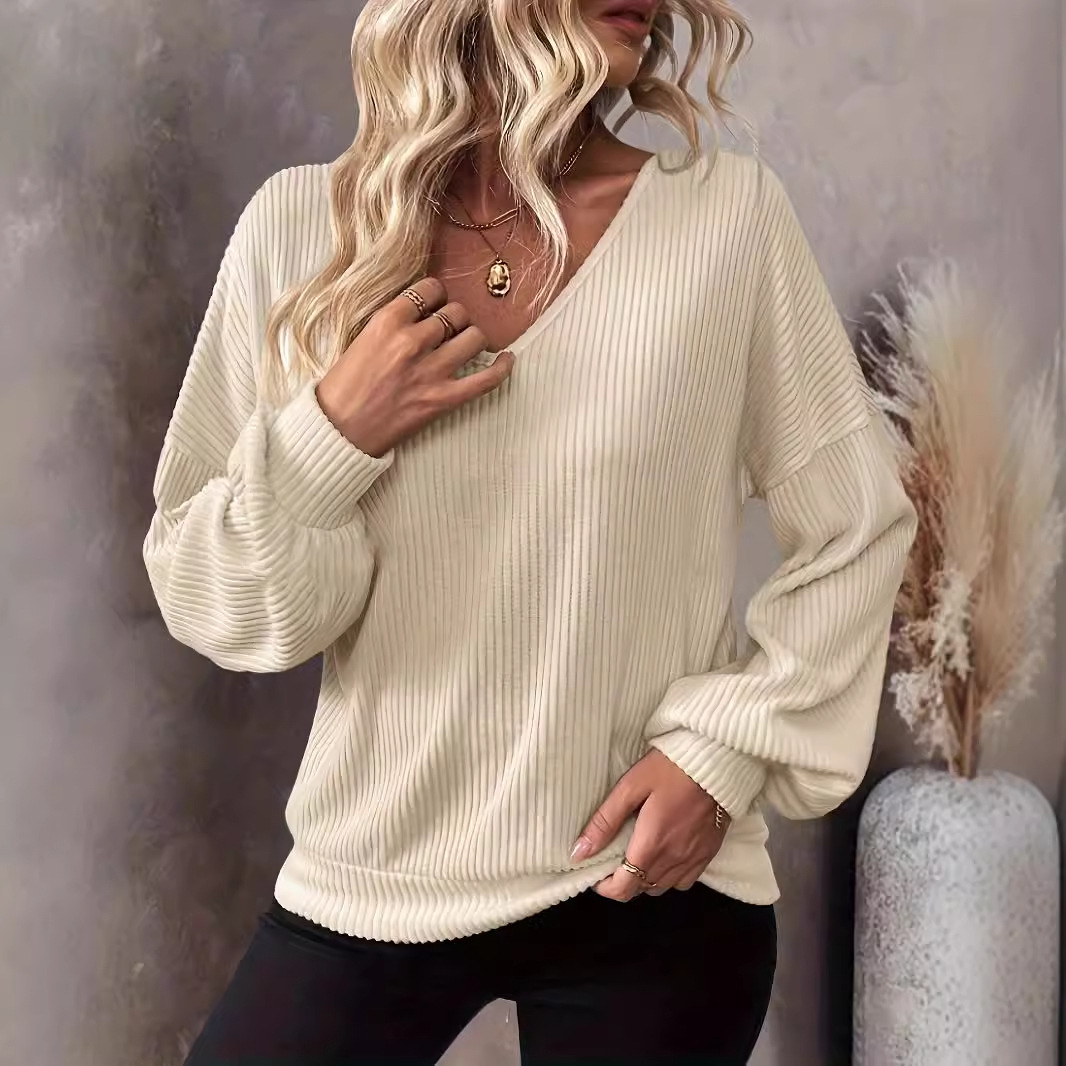 V-Neck Long-Sleeve Knit Top Casual Elegant Comfortable