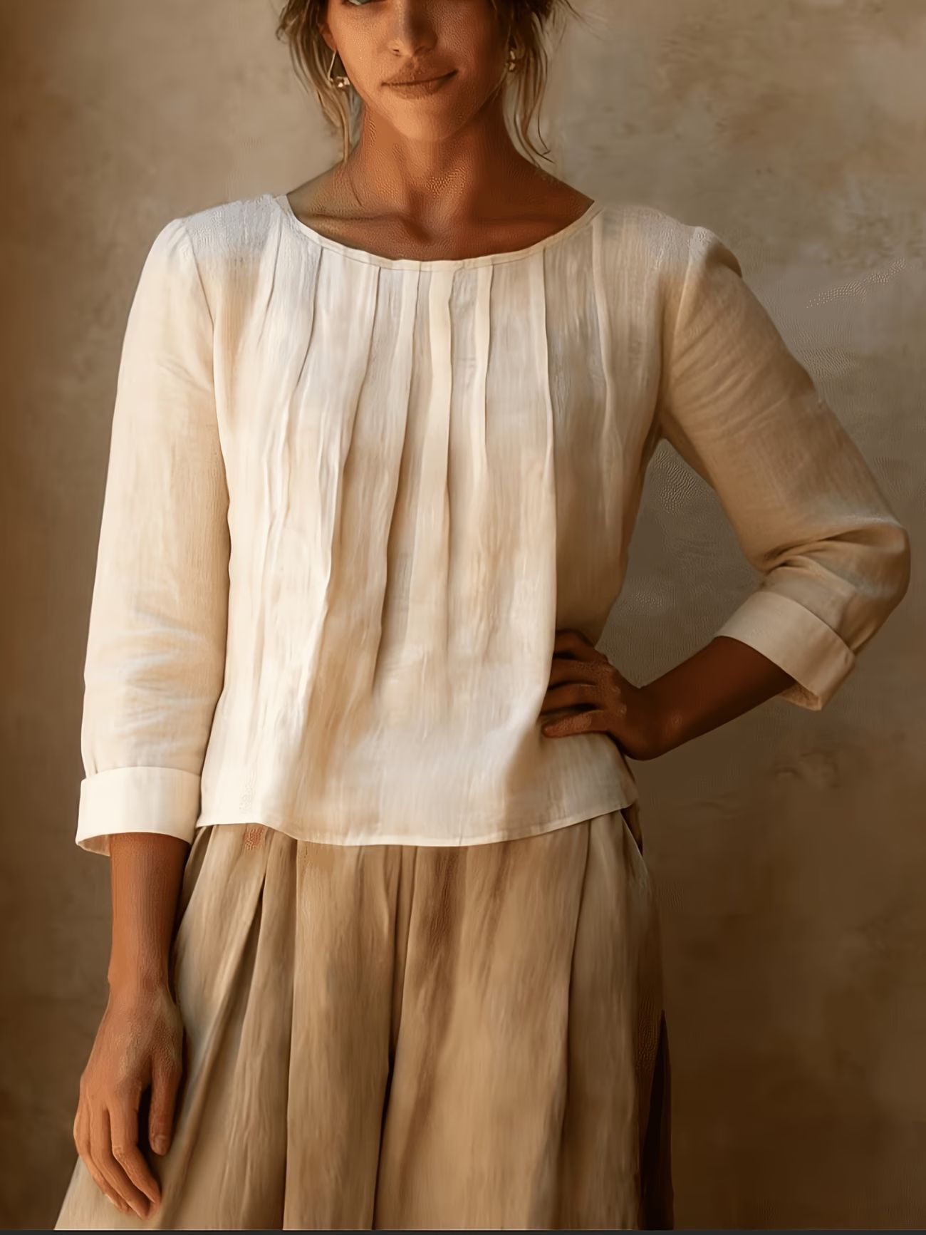2026 New Cross-Border Summer Women's Cotton-Linen Top Loose Slimming Pleated Round Neck Eight-Sleeve Shirt Solid Color Casual