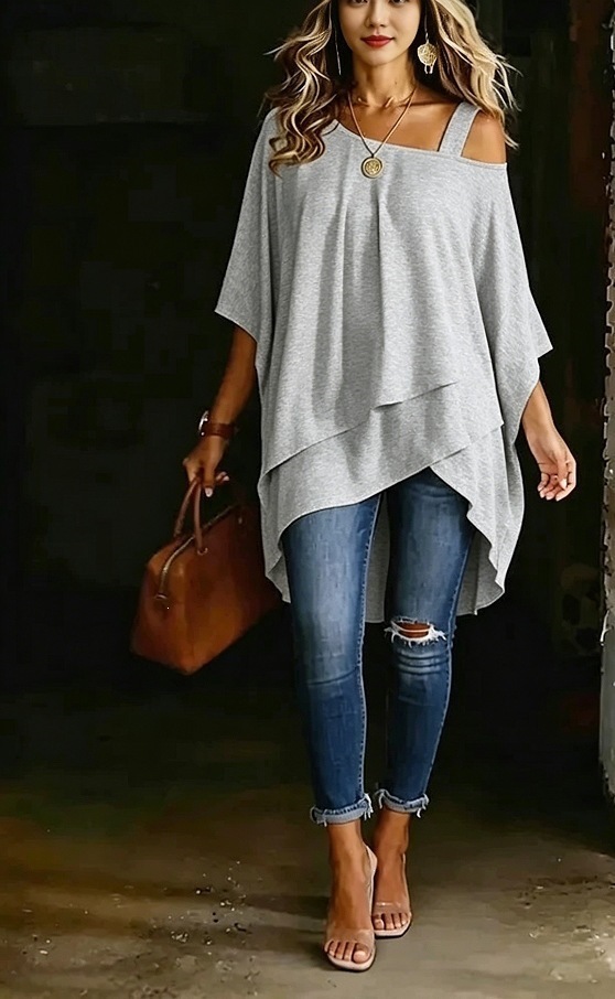 Asymmetric One-Shoulder Solid Color Top Draped Lazy Style Off-Shoulder Women's T-Shirt