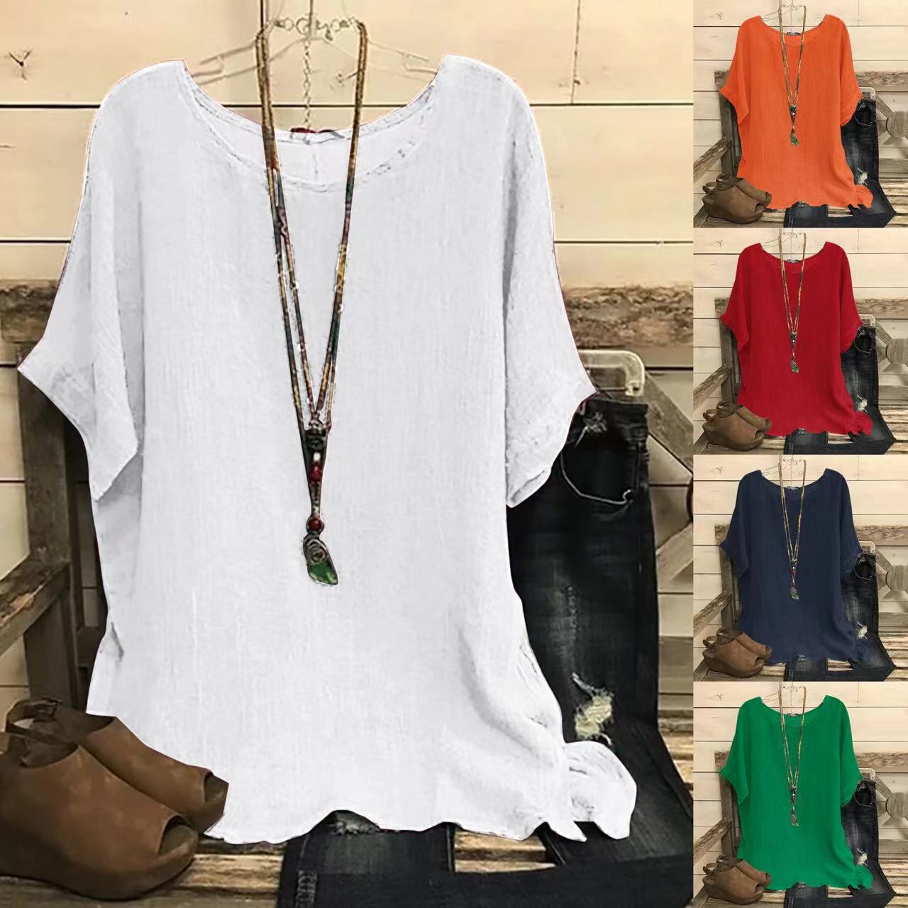 Women's Casual Loose Short Sleeve Solid Color Split Hem Round Neck Top