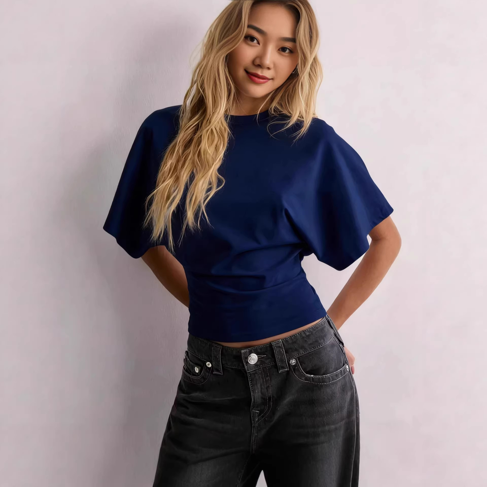 Solid Crewneck Batwing Sleeve Cinched Waist Short Sleeve Top