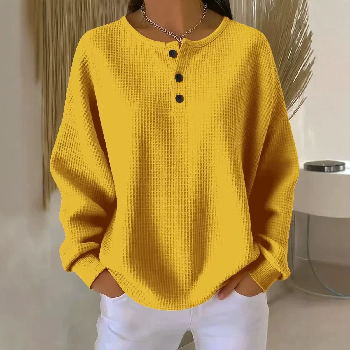 Waffle Knit Crewneck Pullover Loose Fit Solid Color Top