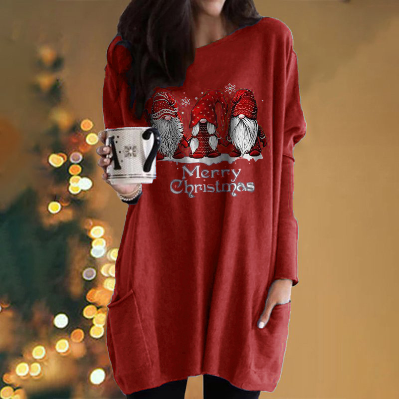 Christmas Santa Print Long-Sleeve Pocket Round-Neck T-Shirt Dress