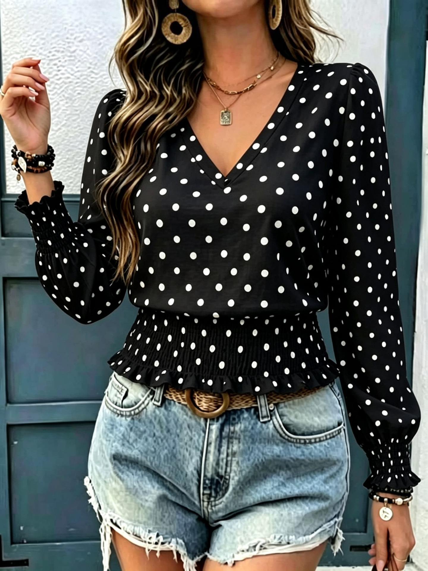 Polka Dot Print V-Neck Long Sleeve Smocked Casual Top