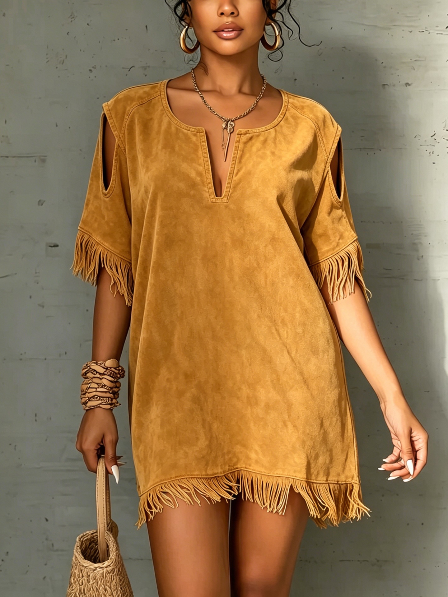Cross-Border Western Style Suede Fringe Dress Women Summer V-Neck Off-Shoulder Short Sleeve Loose Midi Vacation Style