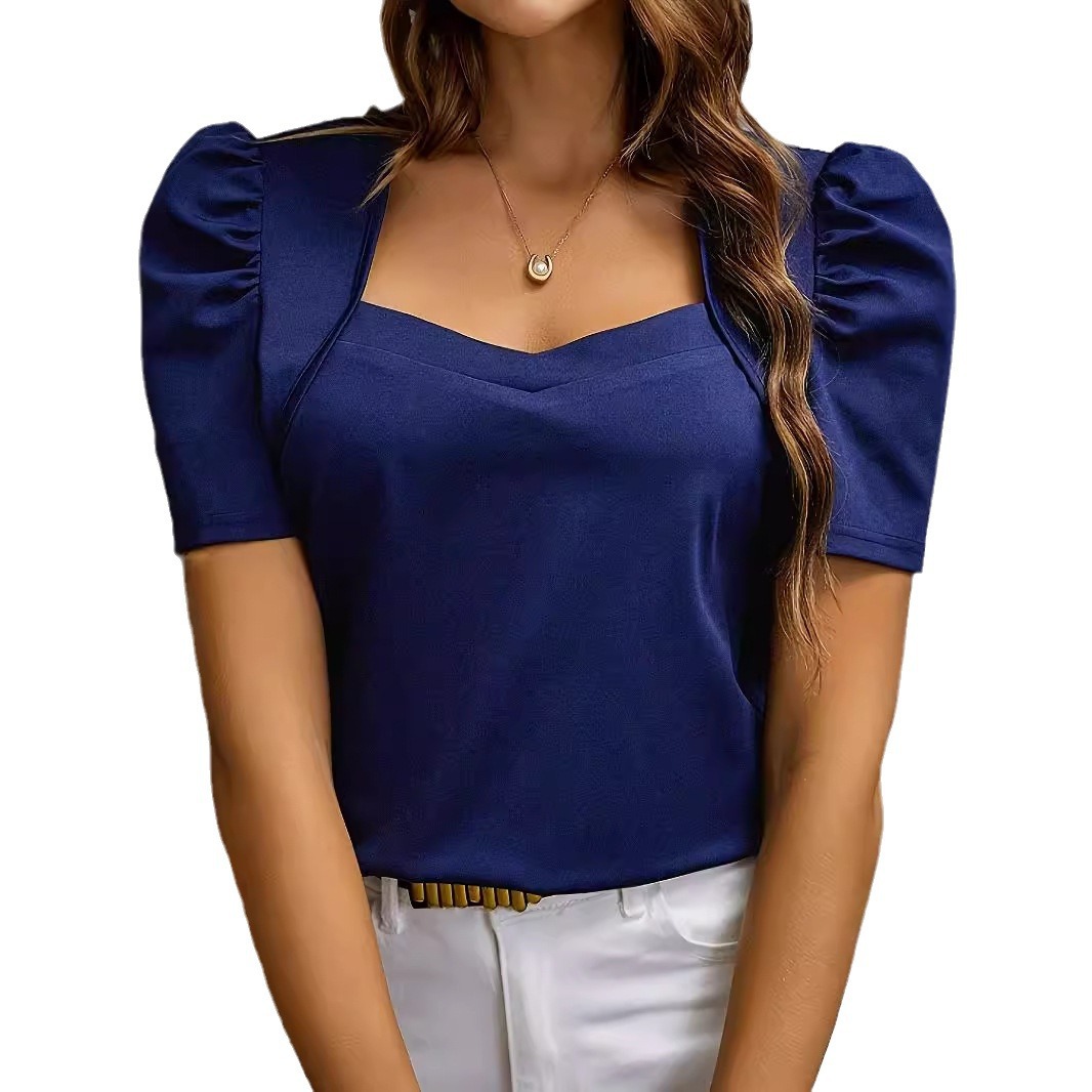 Women's Solid Color Elegant Puff Sleeve Top Lightweight Slimming