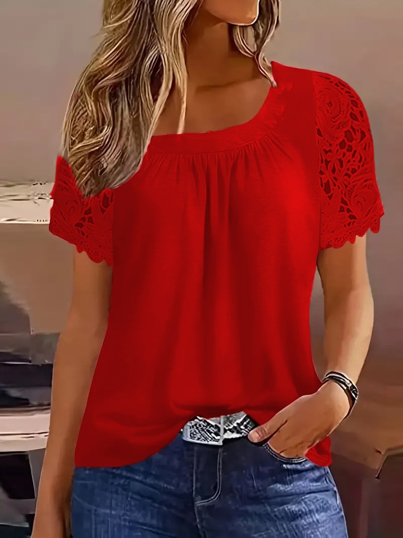 Women's Casual Round Neck Short Sleeve Lace T-Shirt