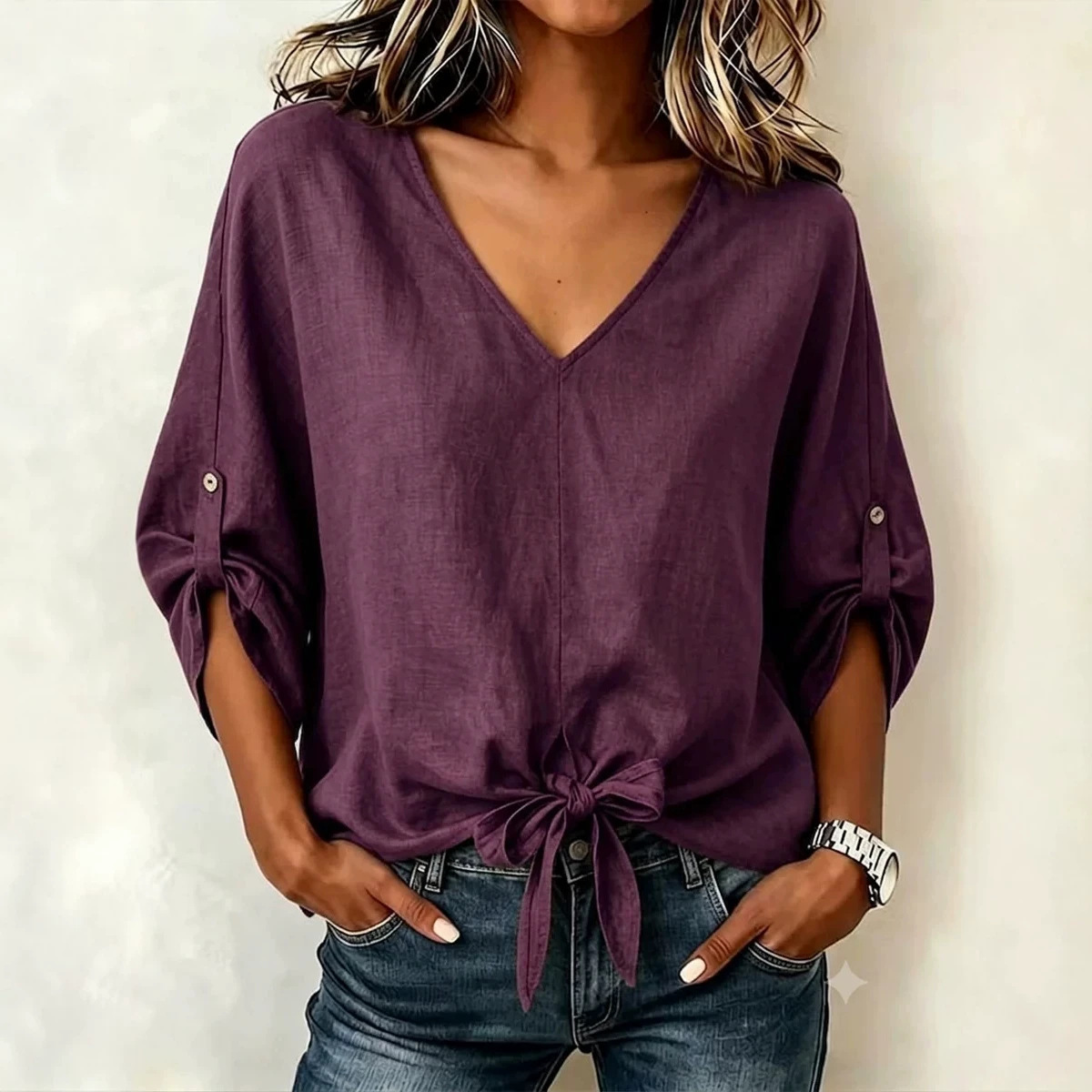 V-Neck Tie-Hem Loose Fit Blouse with Roll-Tab Sleeves