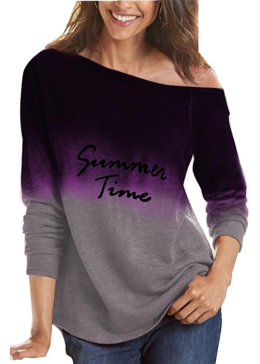 Women's Gradient Print Long Sleeve Crewneck Loose T-Shirt