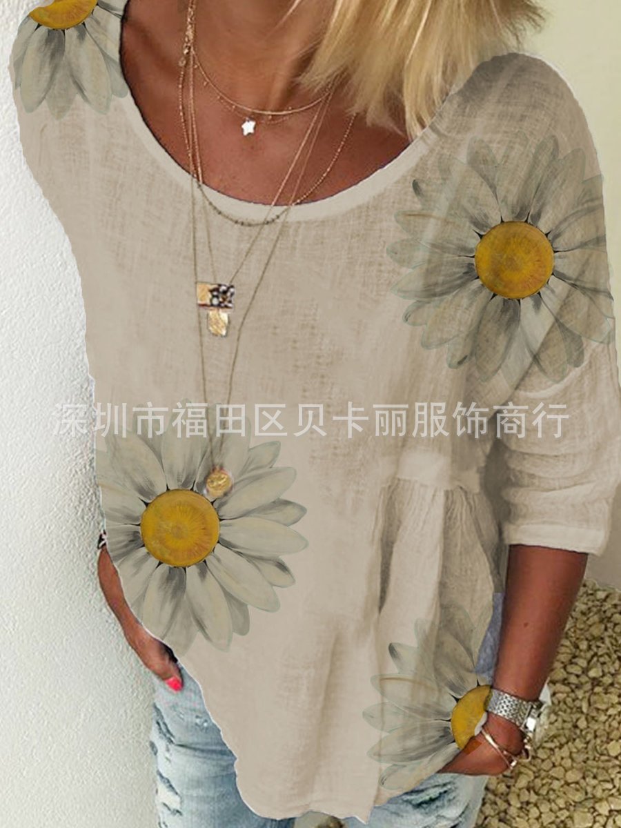 Chrysanthemum Print Round Neck Three-Quarter Sleeve T-Shirt for Women