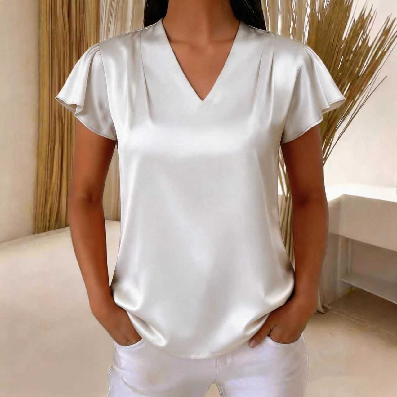 V-Neck Chiffon Pleated Loose Short Sleeve Top