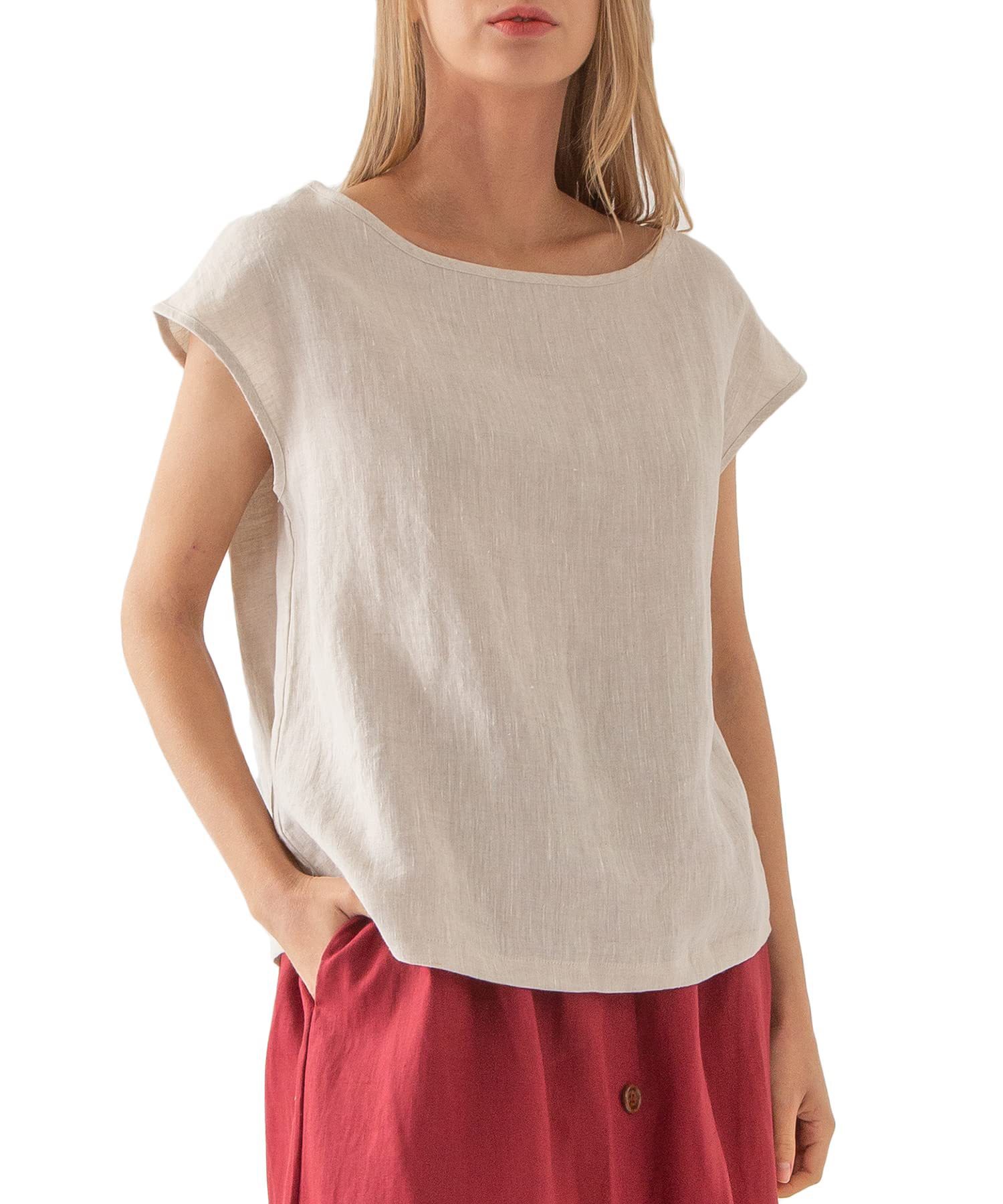 Women's Linen Short Sleeve Crewneck T-Shirt Solid Color Loose Fit