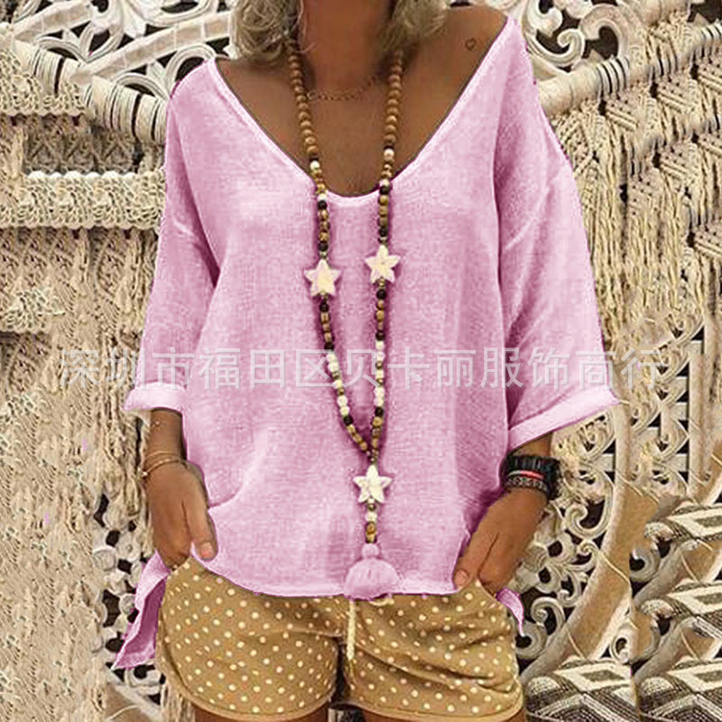 Women's V-Neck Half-Sleeve Cotton-Linen T-Shirt